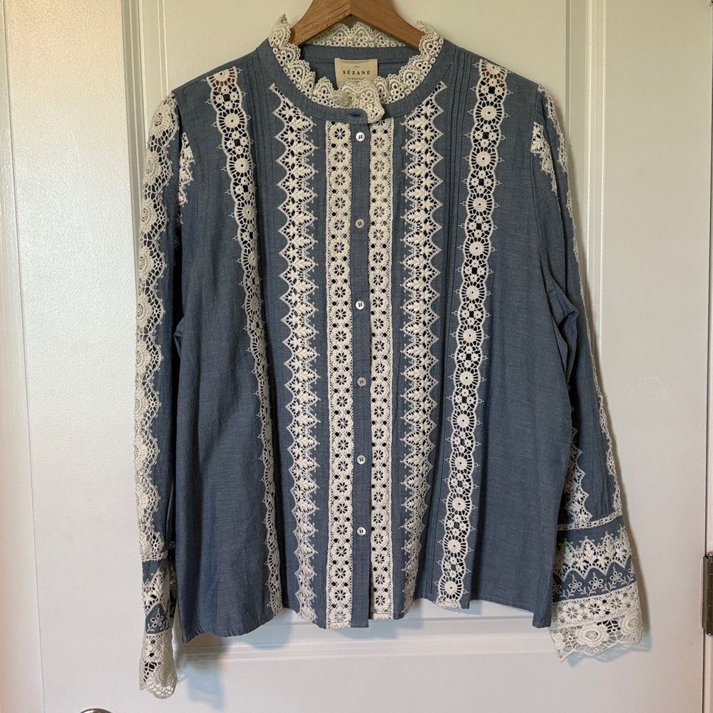 Sezane Rym Shirt Blue/ Ecru Embroidery - Size 14 - Picture 1 of 5